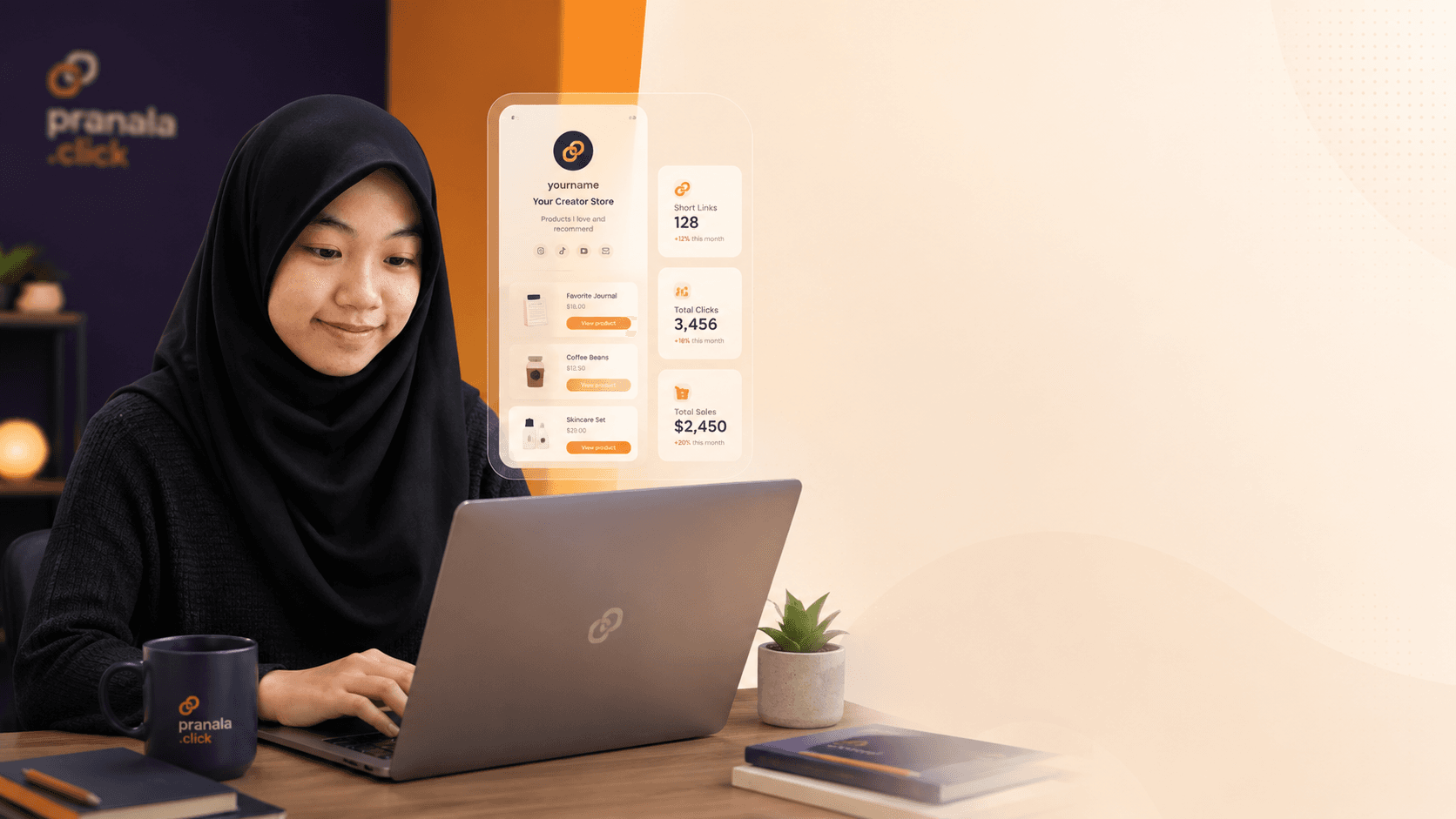 Founder creator mengelola storefront Pranala.click di laptop